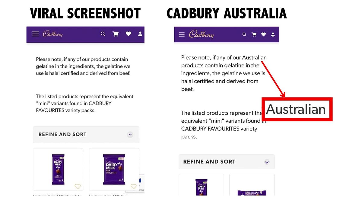 The screenshot being shared with the 'Boycott Cadbury' hashtag shows an old version of Cadbury's Australian website.