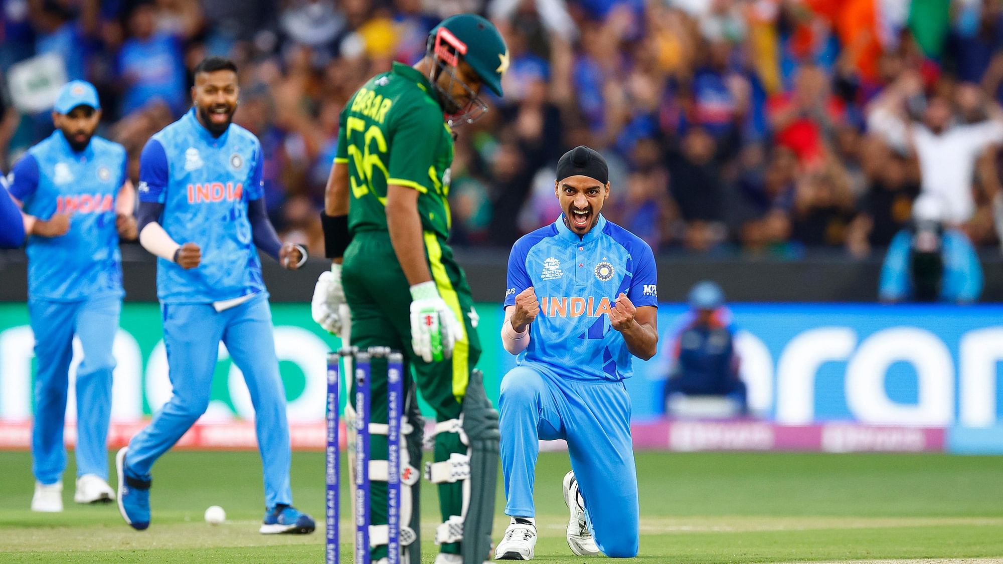 <div class="paragraphs"><p>India's Arshdeep Singh celebrates after taking the prized wicket of Pakistan skipper Babar Azam in the T20 World Cup opener at MCG on Sunday.&nbsp;</p></div>