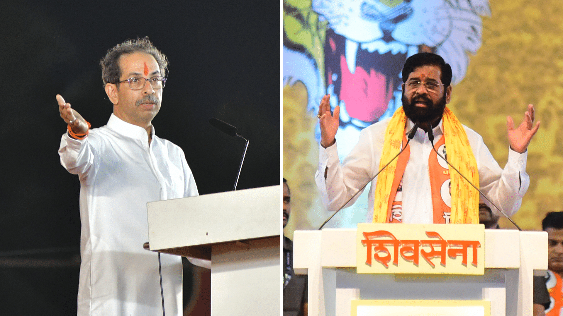 <div class="paragraphs"><p>Uddhav Thackeray (left) and Eknath Shinde at two separate Shiv Sena Dussehra rallies in Mumbai, 5 October 2022.</p></div>