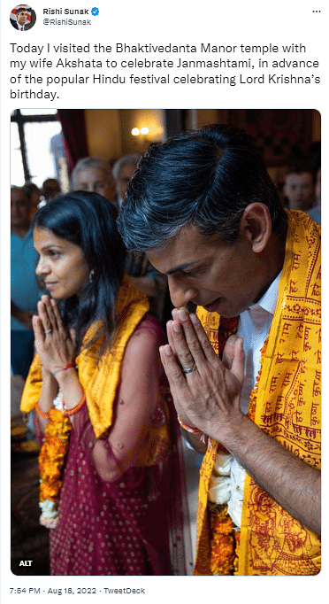 The video was from August when he visited Bhaktivedanta Manor temple in Watford along with his wife Akshata Murthy.