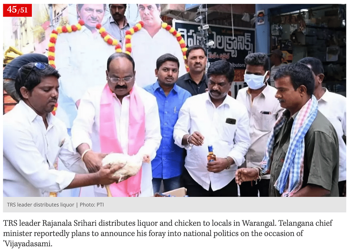 The video shows TRS leader, Rajanala Srihari, distributing chicken and liquor in Warangal, Telangana on Dussehra.