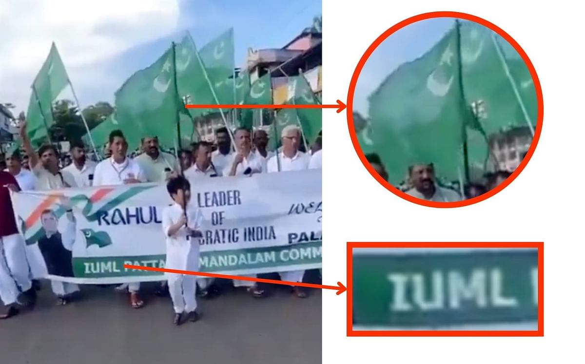 The IUML flag is a solid green flag with the crescent, whereas the Pakistani national flag has a white stripe on it.