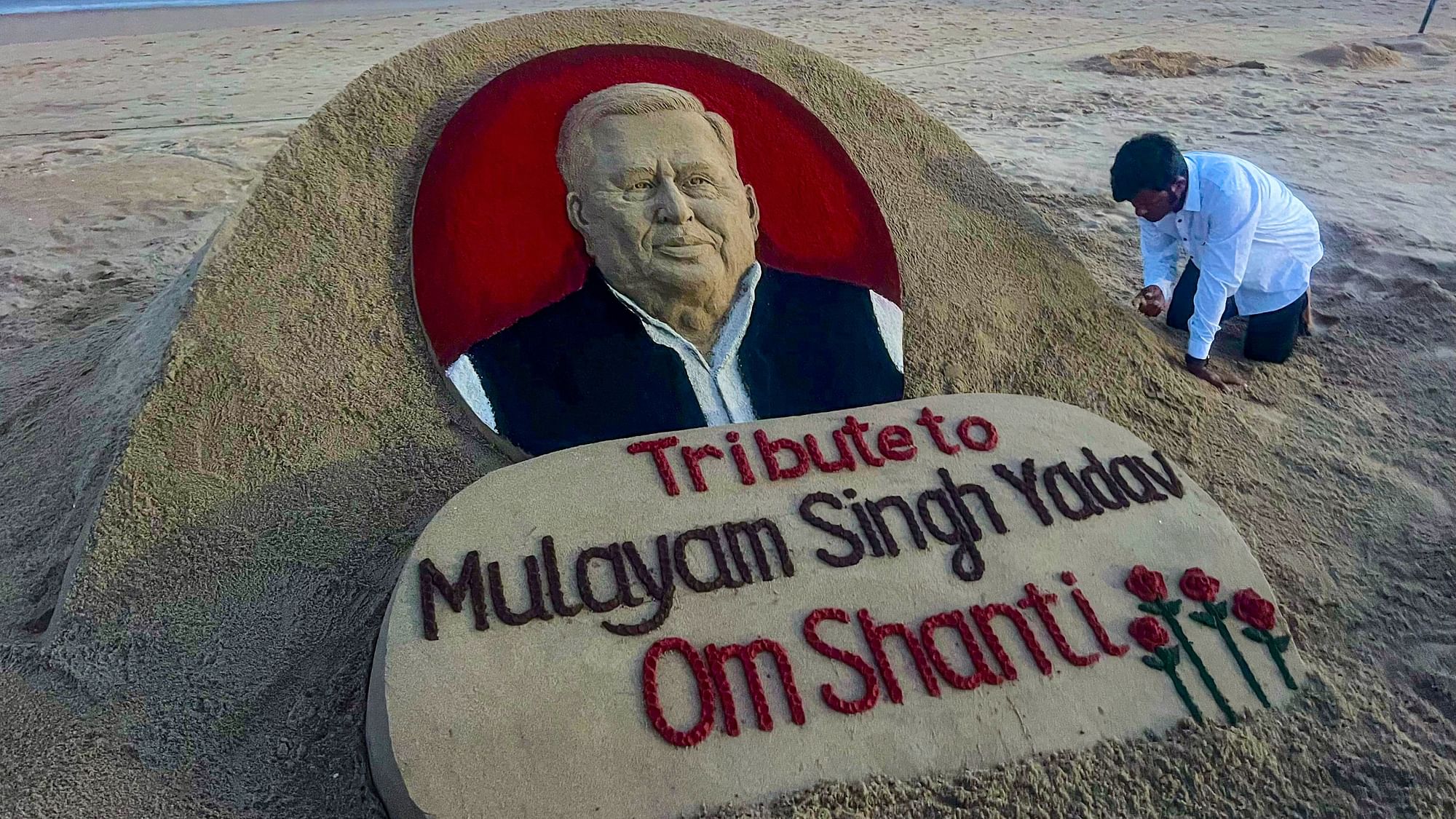 <div class="paragraphs"><p>Puri: Sand artist Sudarsan Pattnaik creates a sculpture to pay tribute to Samajwadi Party founder Mulayam Singh Yadav, in Puri.&nbsp;</p></div>