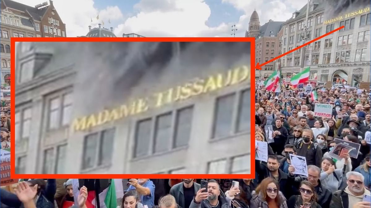 The video shows a protest against the Iranian government outside Amsterdam's Royal Palace in the Netherlands. 