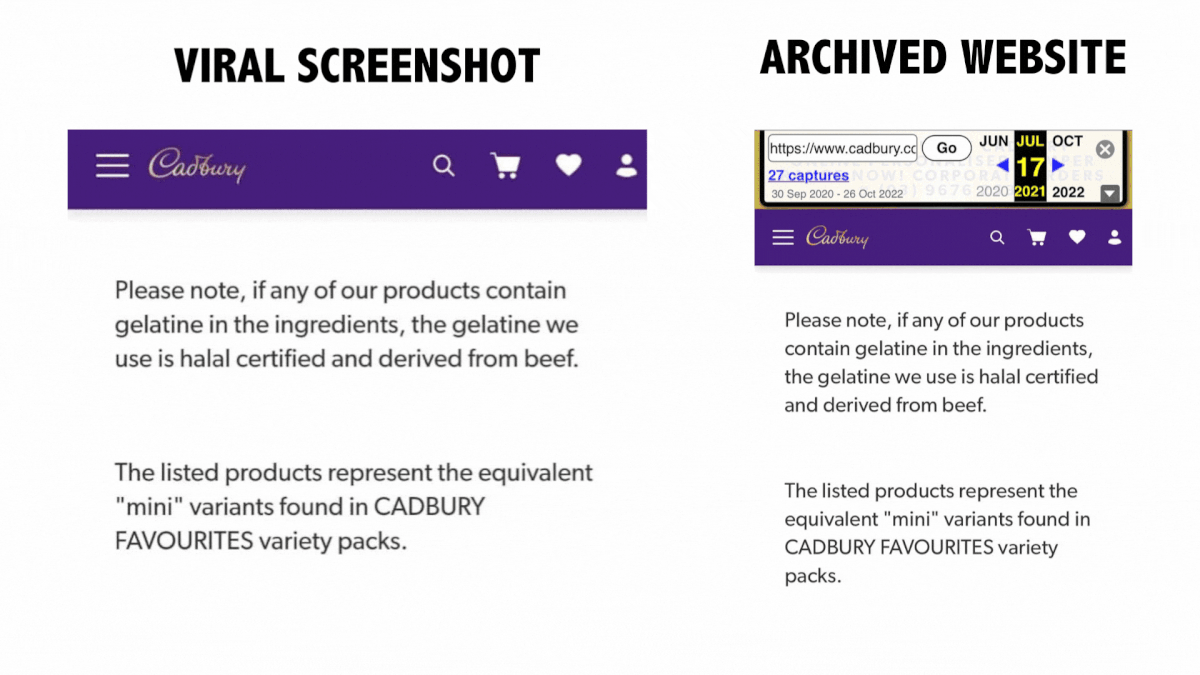 The screenshot being shared with the 'Boycott Cadbury' hashtag shows an old version of Cadbury's Australian website.