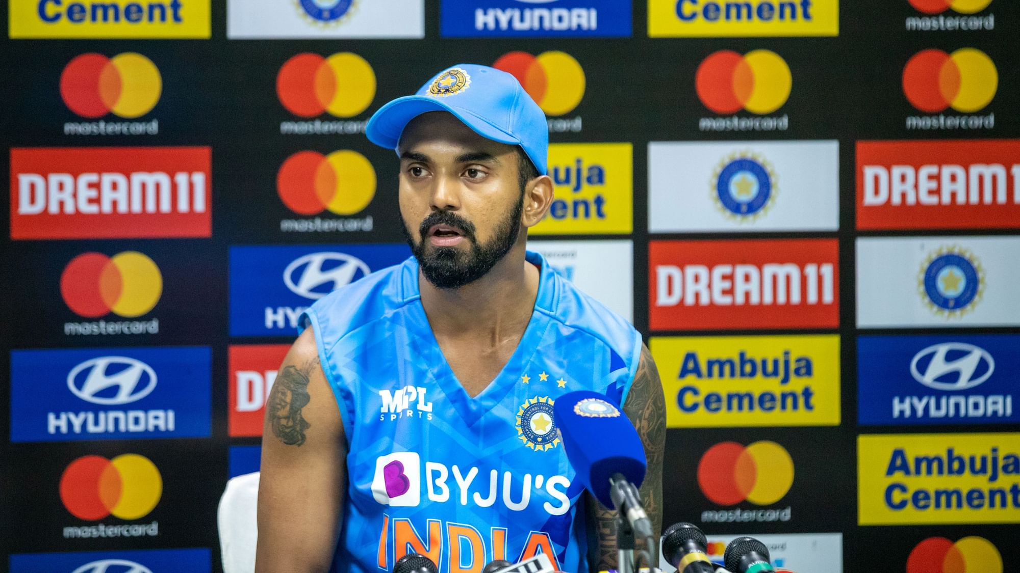 <div class="paragraphs"><p>KL Rahul of India speaks at the post-match press conference of the 2nd T20I against South Africa in Guwahati on Sunday.</p></div>