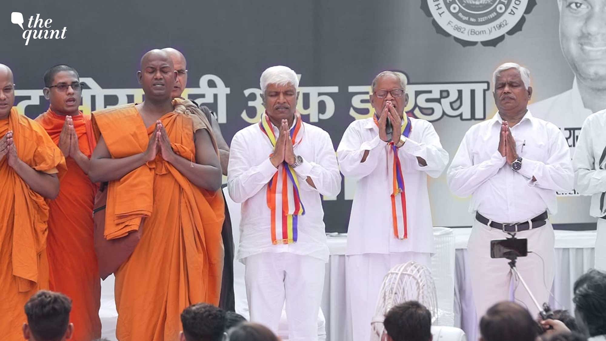 <div class="paragraphs"><p>Rajratna Ambedkar, Rajendra Pal Gautam and others at conversion to Buddhism ceremony in Delhi on 5 October.</p></div>