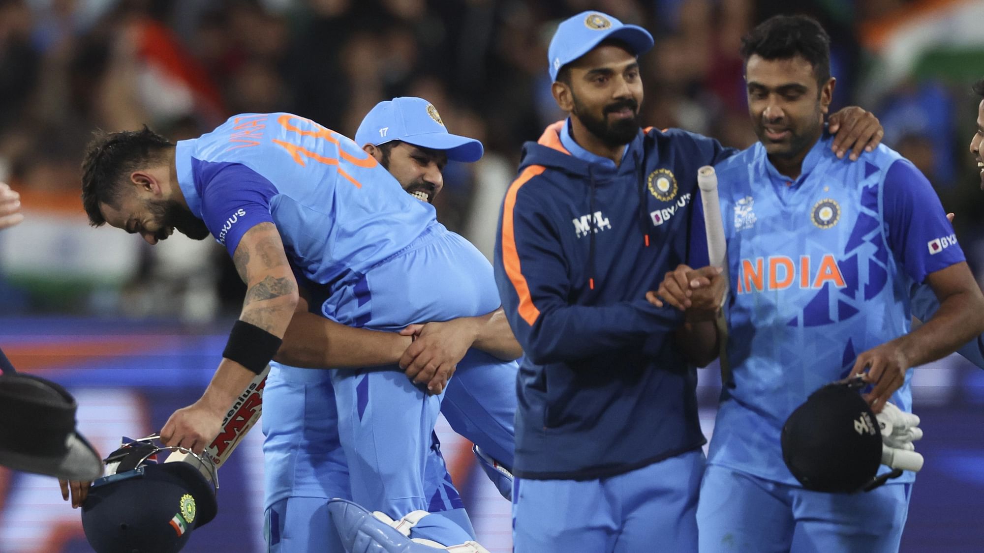 <div class="paragraphs"><p>The Indian players celebrate after their victory against Pakistan in the T20 World Cup Super 12 match at the MCG on Sunday.&nbsp;</p></div>