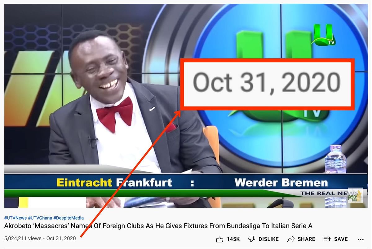 The clip dates back to 2020, and shows Ghanaian TV personality Akrobeto lisiting European football team names.