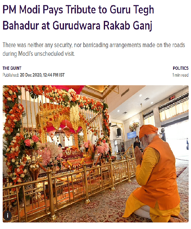The photograph was from December 2020, when Prime Minister Narendra Modi was visiting Gurudwara Rakab Ganj Sahib.