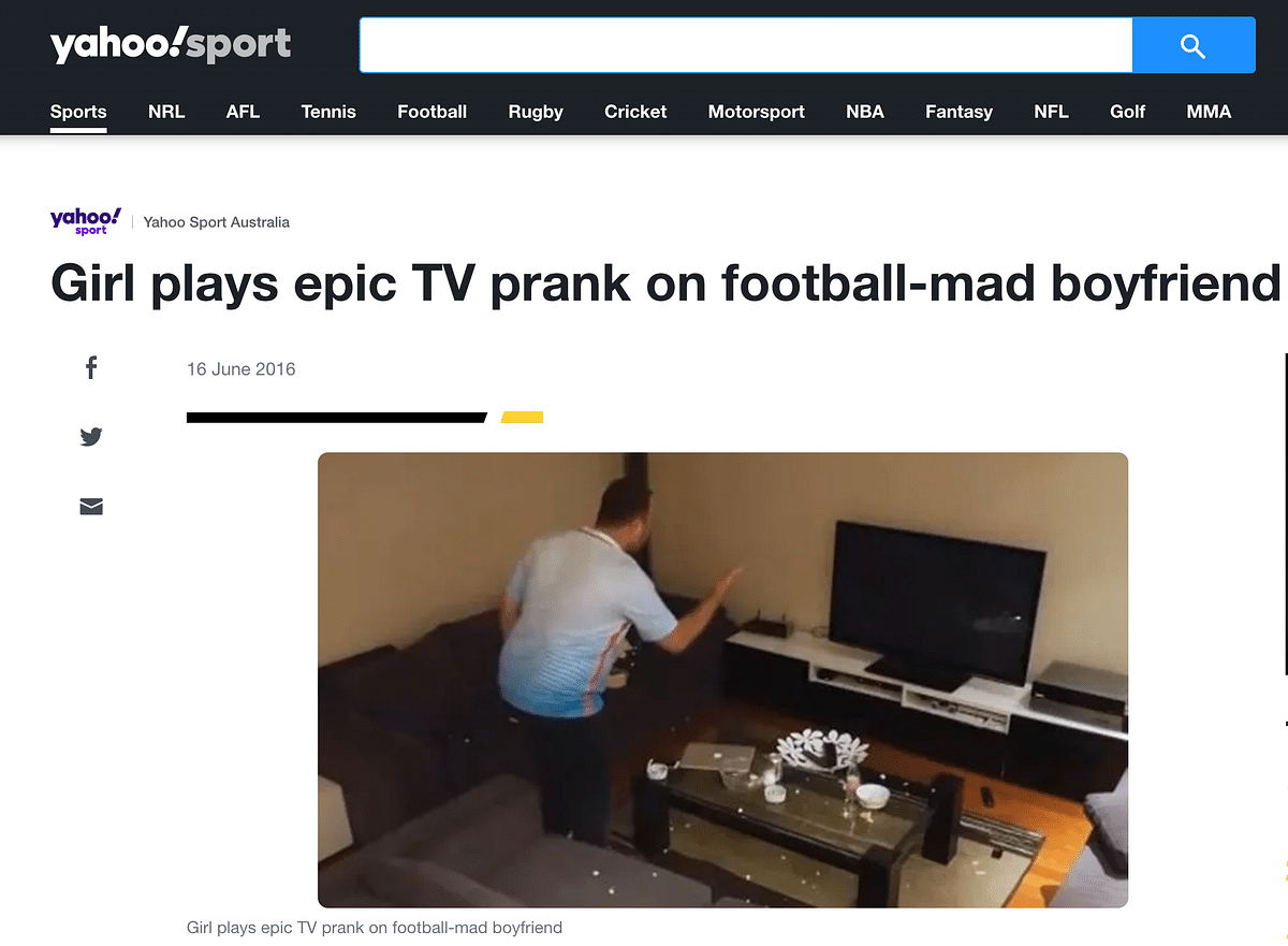 The 2016 video showed a football fan breaking his TV after his girlfriend pulled a prank on him during a live match.