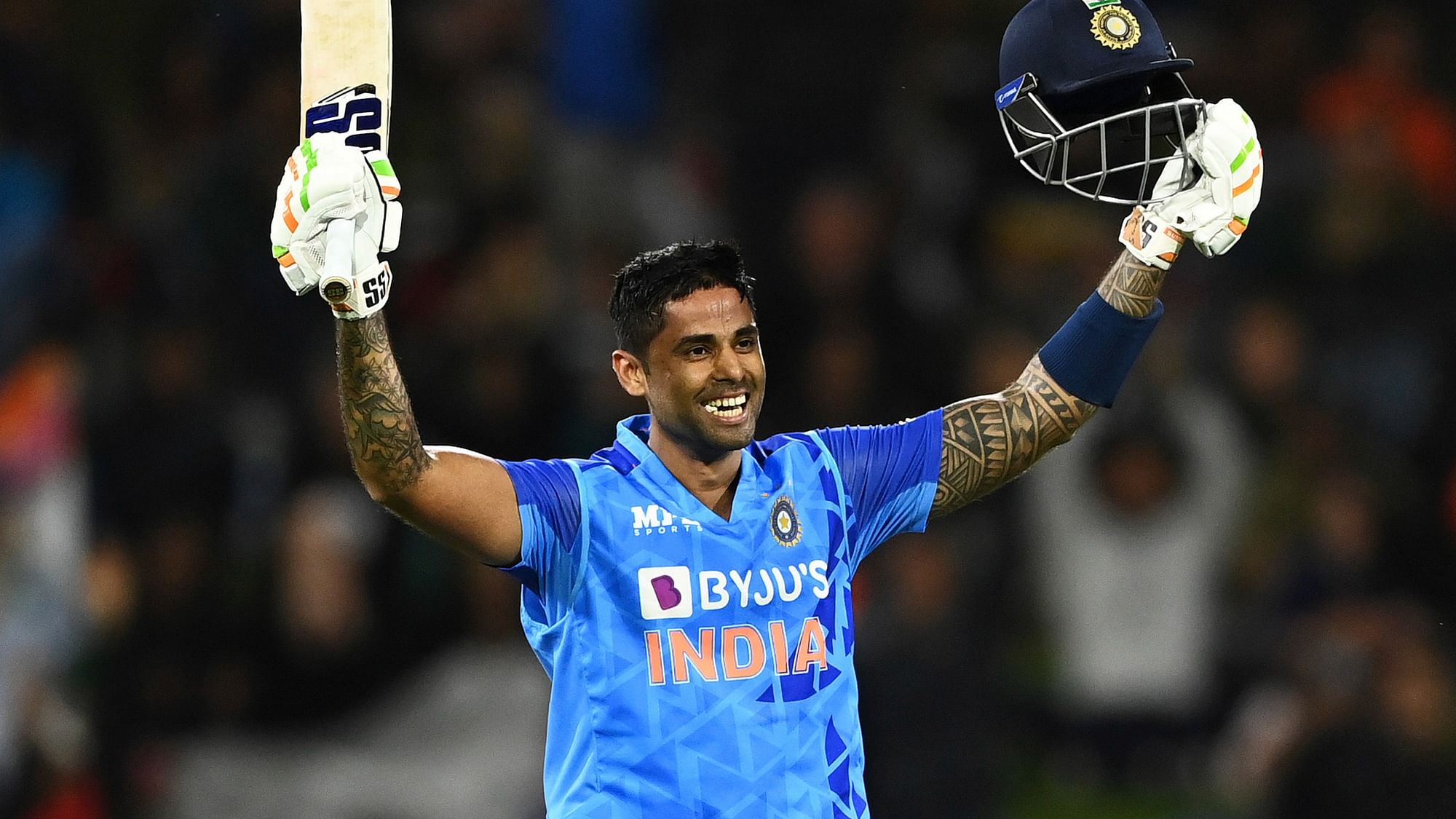 <div class="paragraphs"><p>India's Suryakumar Yadav celebrates after scoring a century during the T20 cricket international between India and New Zealand at Bay Oval, Mount Maunganui, New Zealand, Sunday, Nov. 20, 2022.</p></div>
