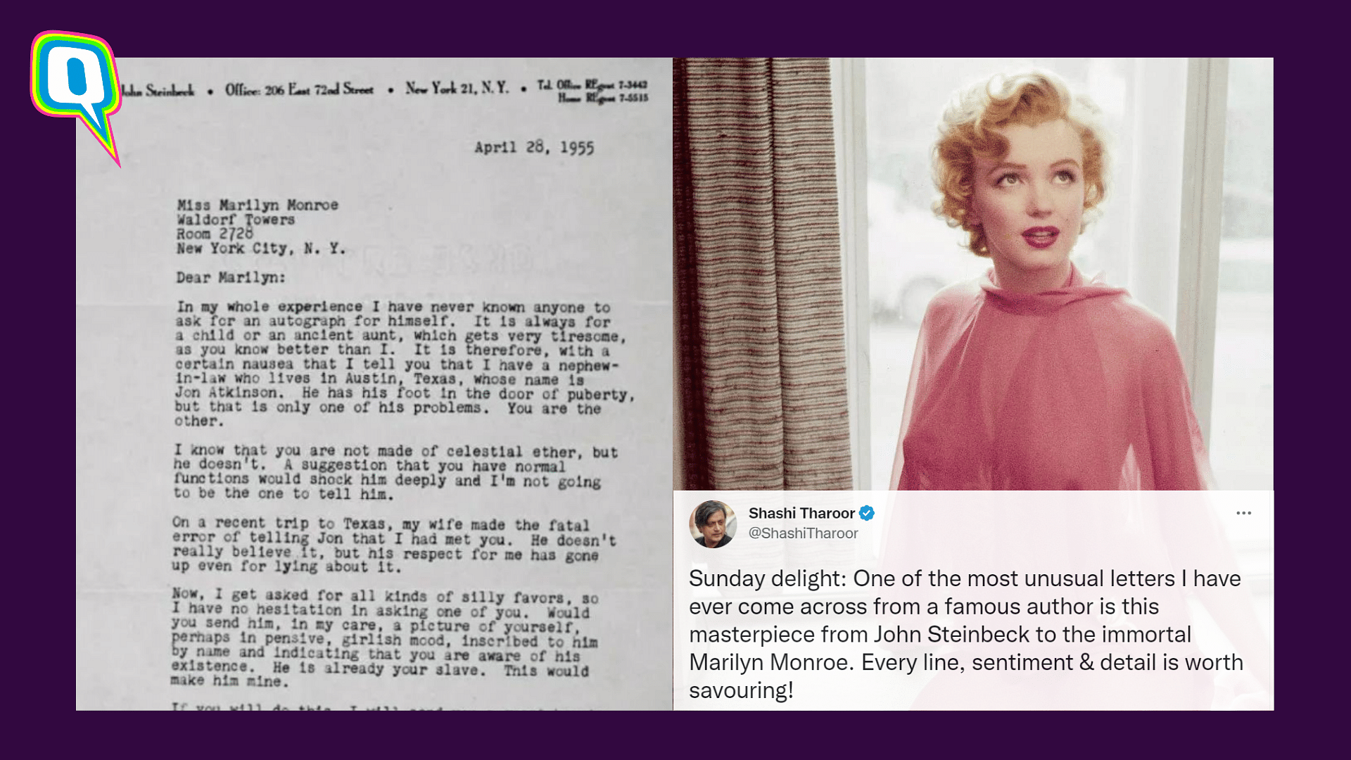 <div class="paragraphs"><p>Author and politician, Shashi Tharoor shared a viral picture of a letter written by Nobel-winning writer John Steinbeck to Marilyn Monroe.</p></div>