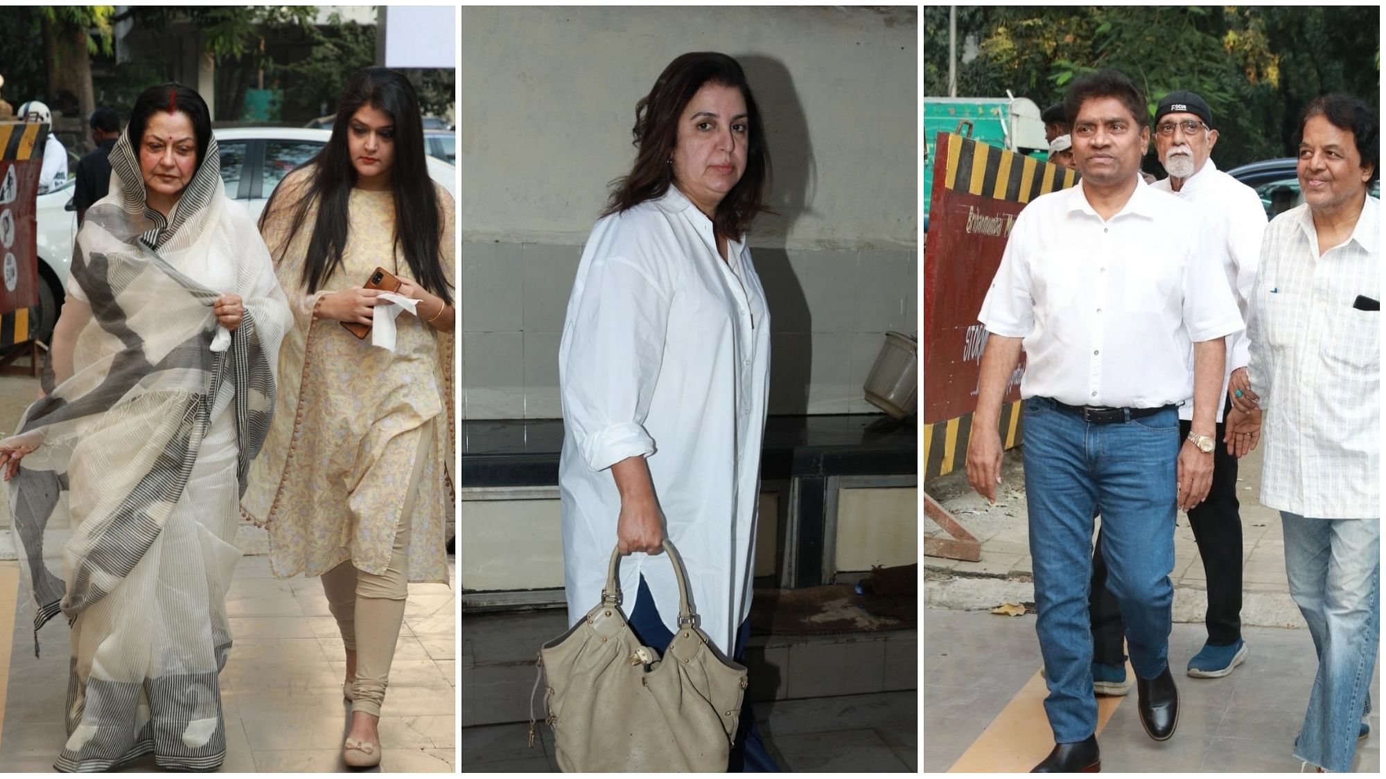 <div class="paragraphs"><p>Moushumi Chatterjee, Farah Khan, and Johnny Lever arrive at late actor Tabassum's prayer meet.</p></div>