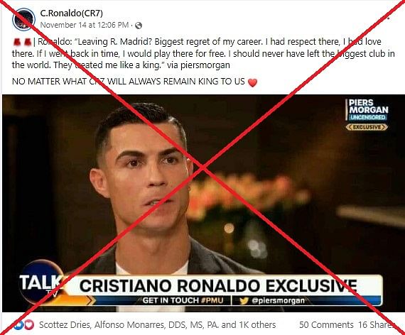 The interviewer, Piers Morgan, took to Twitter to clarify that the quote attributed to Ronaldo is fake. 