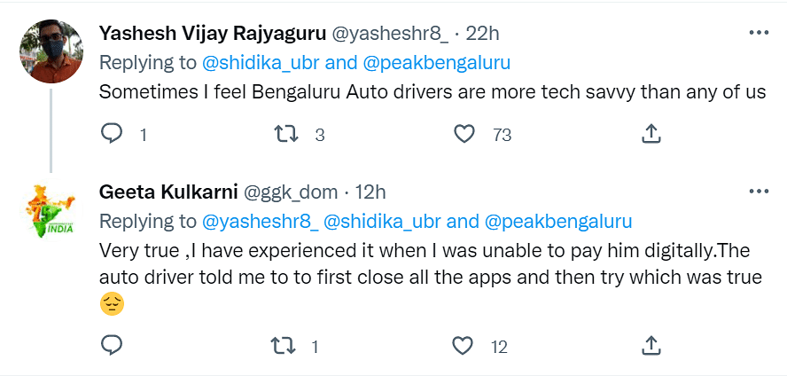 A Twitter user quoted the woman's tweet with, "Bangalore is built different."