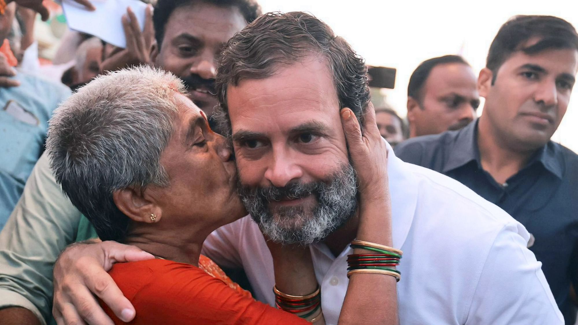 <div class="paragraphs"><p>Kurnool: Congress leader Rahul Gandhi with an elderly supporter during the party's Bharat Jodo Yatra, in Kurnool district, Friday, Oct. 21, 2022. </p></div>