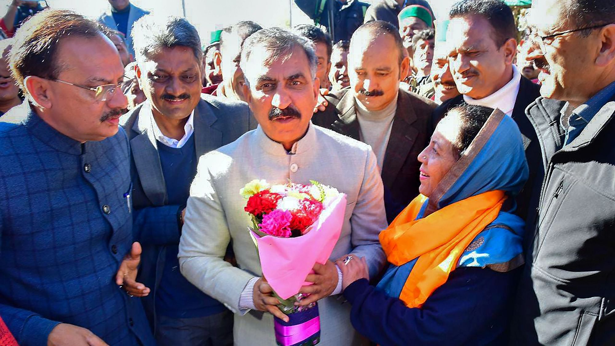 <div class="paragraphs"><p>Shimla: Himachal Pradesh Chief Minister-designate Sukhwinder Sukhu greets state party chief Pratibha Singh ahead of his swearing-in ceremony, in Shimla, Sunday.</p></div>