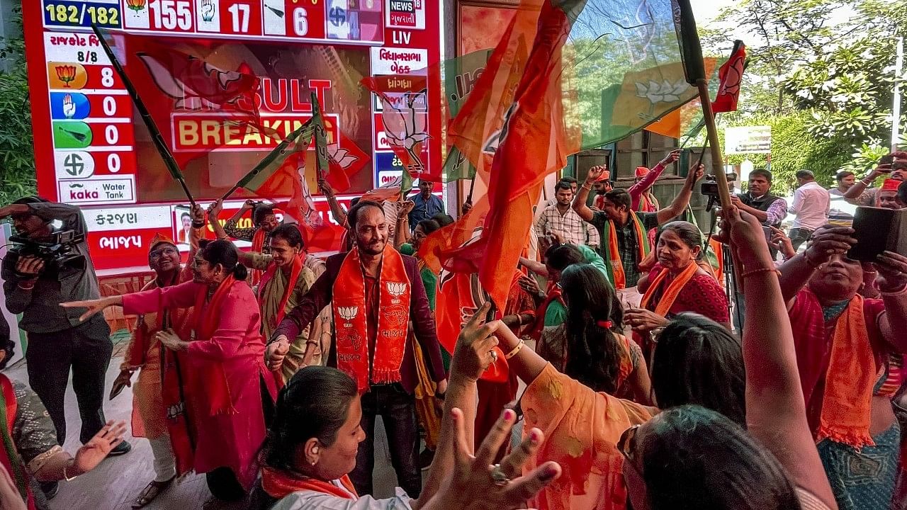 <div class="paragraphs"><p>Gandhinagar: BJP leaders and workers celebrate the party's decisive lead in Gujarat Assembly elections, at the party headquarters in Gandhinagar.&nbsp;</p></div>