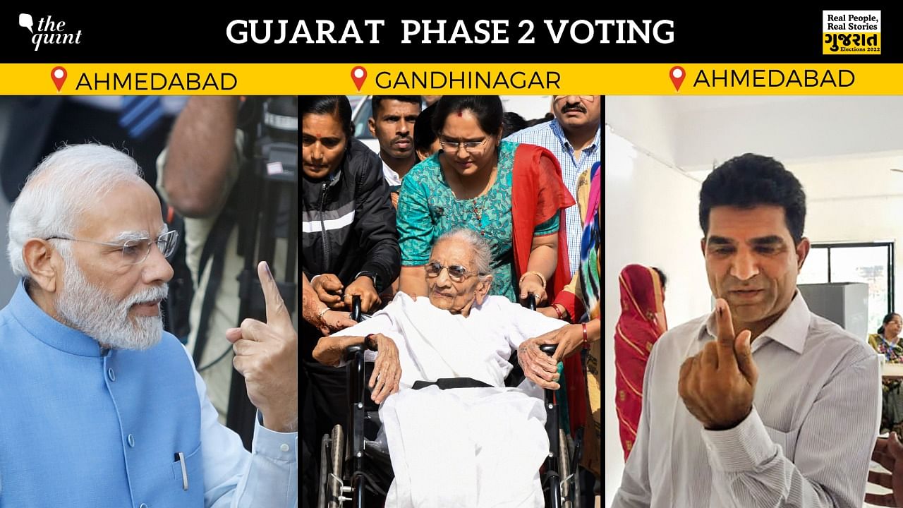 <div class="paragraphs"><p>PM Narendra Modi, Amit Shah, and AAP's Isudan Gadhvi.&nbsp;Voting for the second phase in the <a href="https://www.thequint.com/gujarat-elections">Gujarat Assembly elections</a> began at 8 am on Monday, 5 December.</p></div>