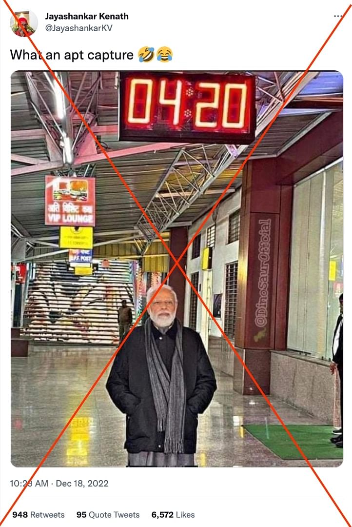 In the original photo, PM Narendra Modi is at Banaras Railway Station and the time in the clock is 1:13 am. 