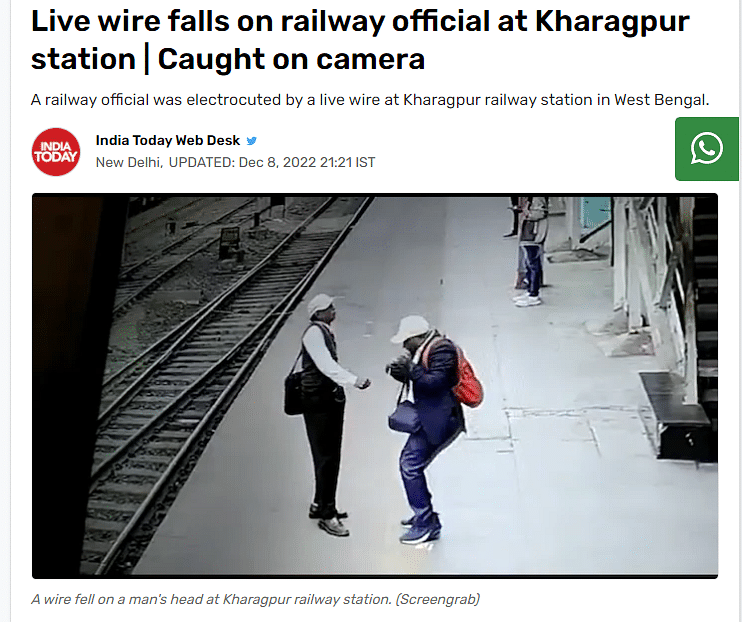The person was reportedly electrocuted after a wire fell on him at the Kharagpur railway station in West Bengal.