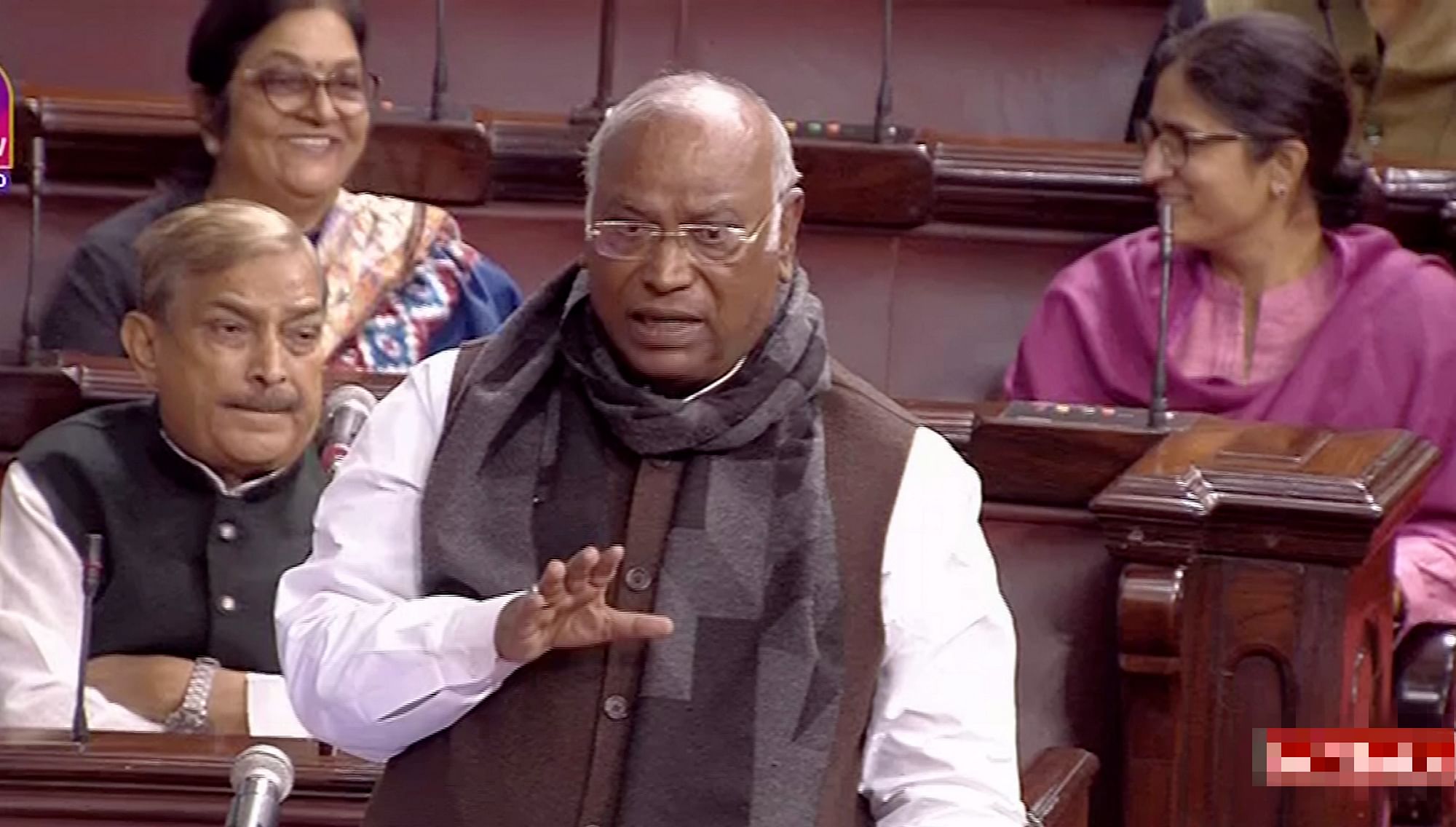 <div class="paragraphs"><p>Congress MP Mallikarjun Kharge speaks in the Rajya Sabha during the ongoing Winter Session of Parliament.</p></div>