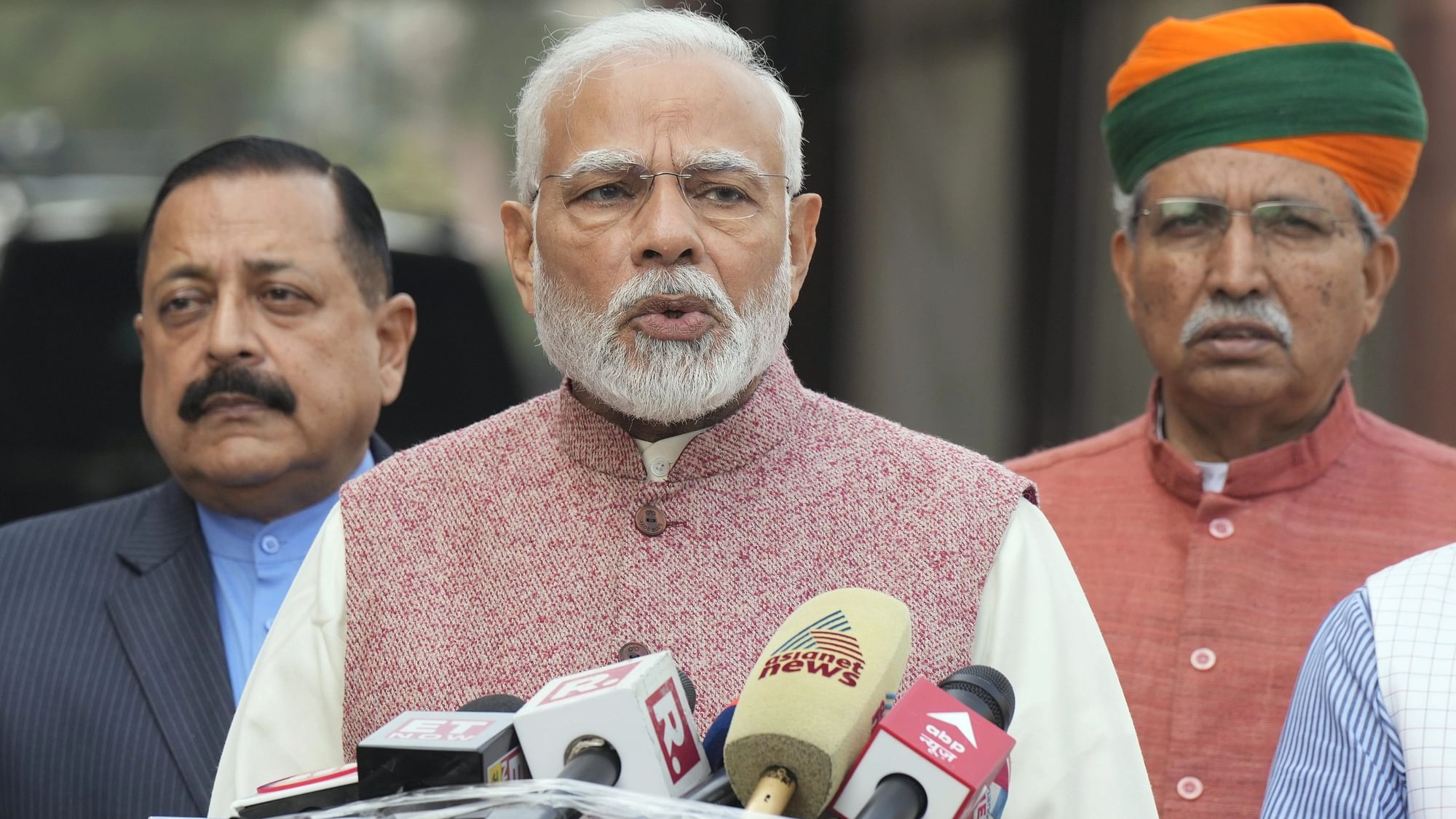 <div class="paragraphs"><p>New Delhi: Prime Minister Narendra Modi addresses the media at Parliament complex on the first day of the Winter Session, in New Delhi, Wednesday, December 7, 2022. Ministers of State Jitendra Singh and Arjun Ram Meghwal are also seen. </p></div>