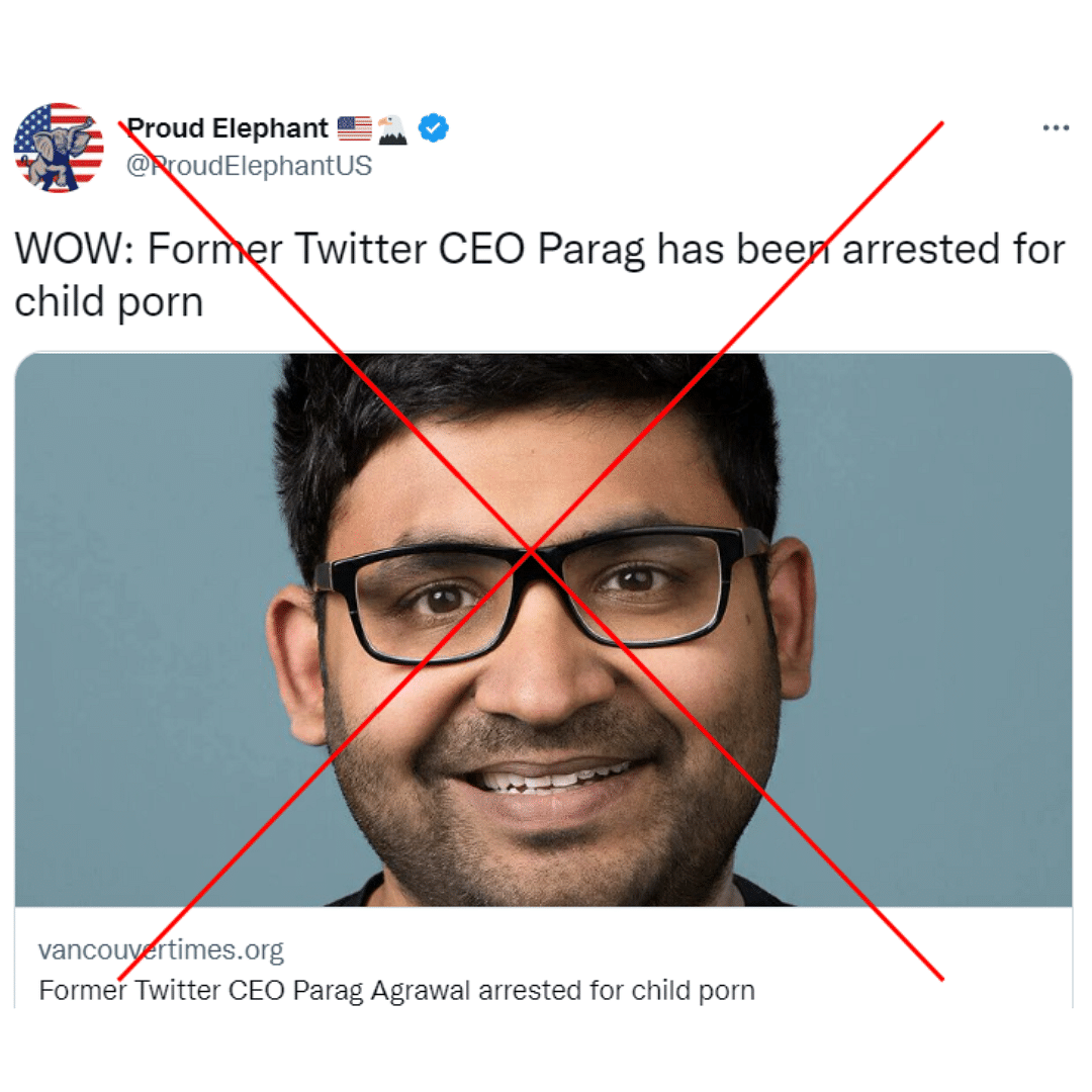 The satirical article claimed that Parag Agrawal was arrested for possession of child pornography.