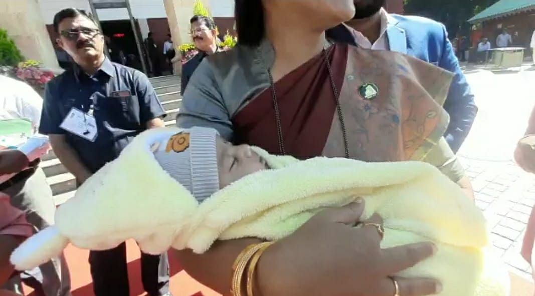 Deolali MLA Saroj Babulal Ahire brought her 2.5-month-old baby Prashansak to the Vidhan Bhavan in Nagpur.
