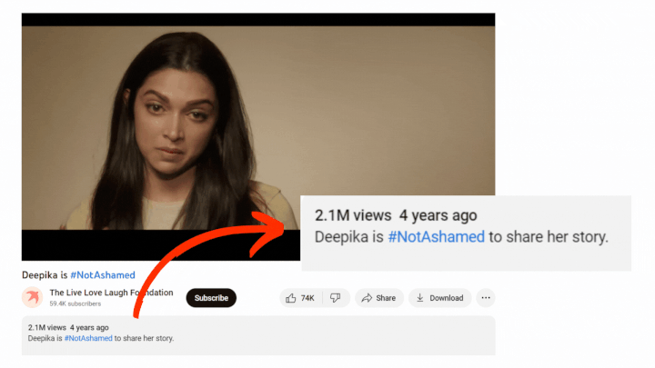 Đoạn video được thực hiện từ năm 2018 và cho thấy Deepika Padukone nói về cuộc chiến của cô với căn bệnh trầm cảm.
