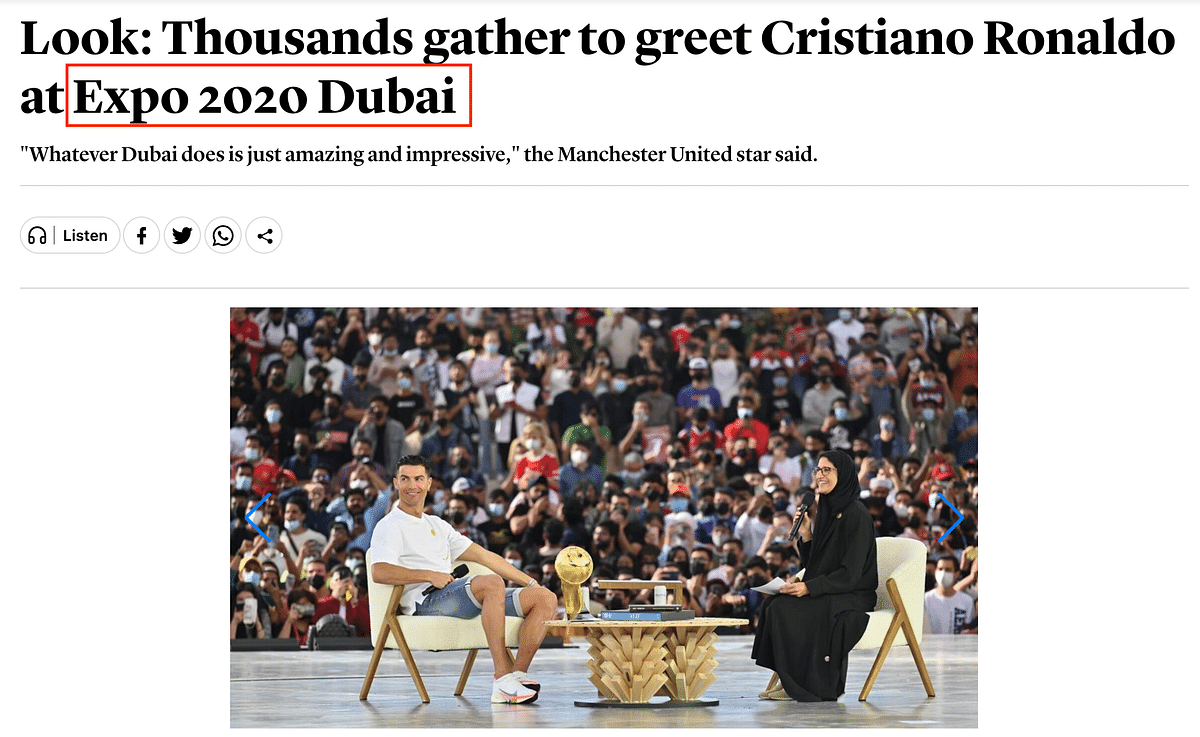 The photo is from Expo 2020 Dubai, and we found no evidence of Ronaldo having made such a statement about Islam.