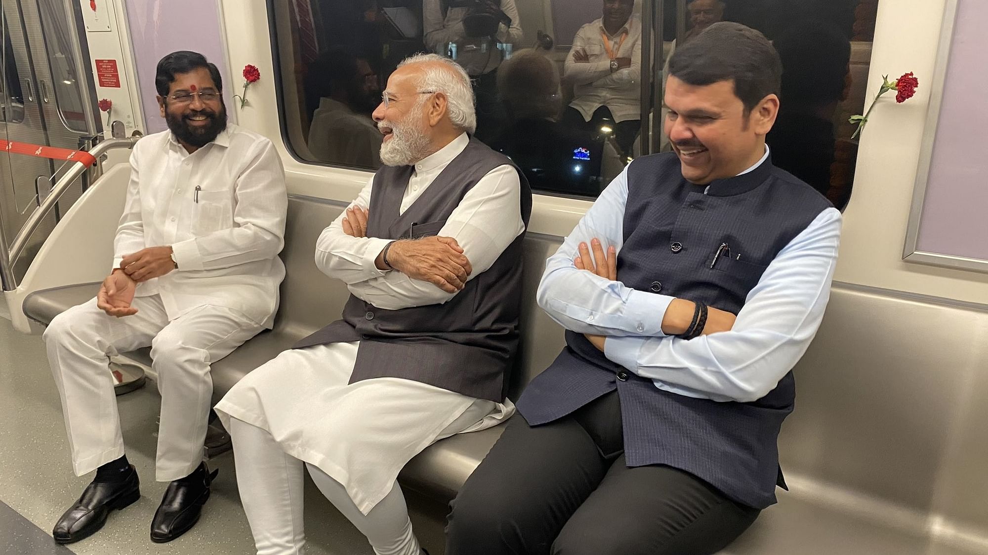 <div class="paragraphs"><p>PM Narendra Modi with Maharashtra CM Eknath Shinde and Deputy CM  Devendra Fadnavis in Mumbai's new metro.&nbsp;</p></div>