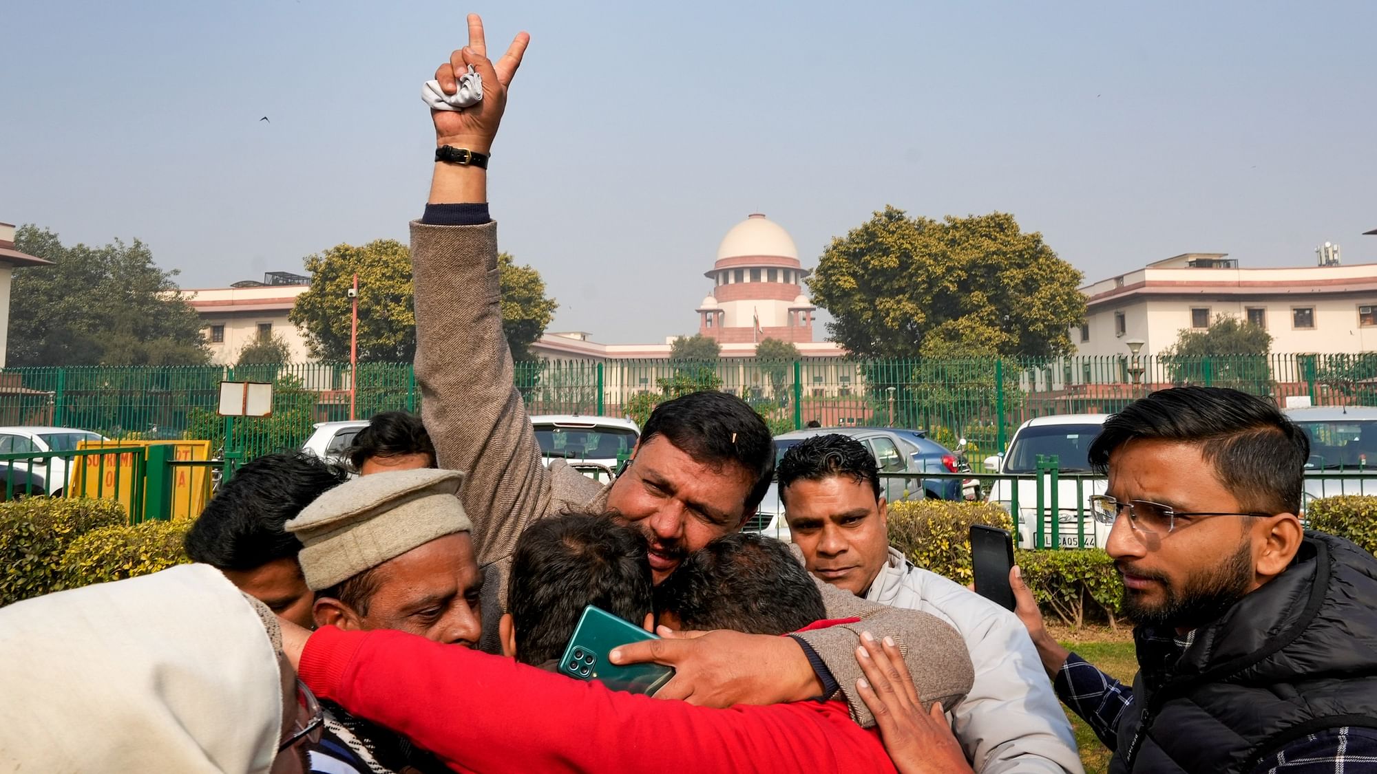 <div class="paragraphs"><p>Locals from Haldwani react as they celebrate the Supreme Court's order on Haldwani eviction case, in Delhi, Thursday, 5 January, 2023. The apex court in its order stayed the directions of the Uttarakhand High Court on the removal of encroachments from 29 acres of railway land in Banbhoolpura in Haldwani.    </p></div>