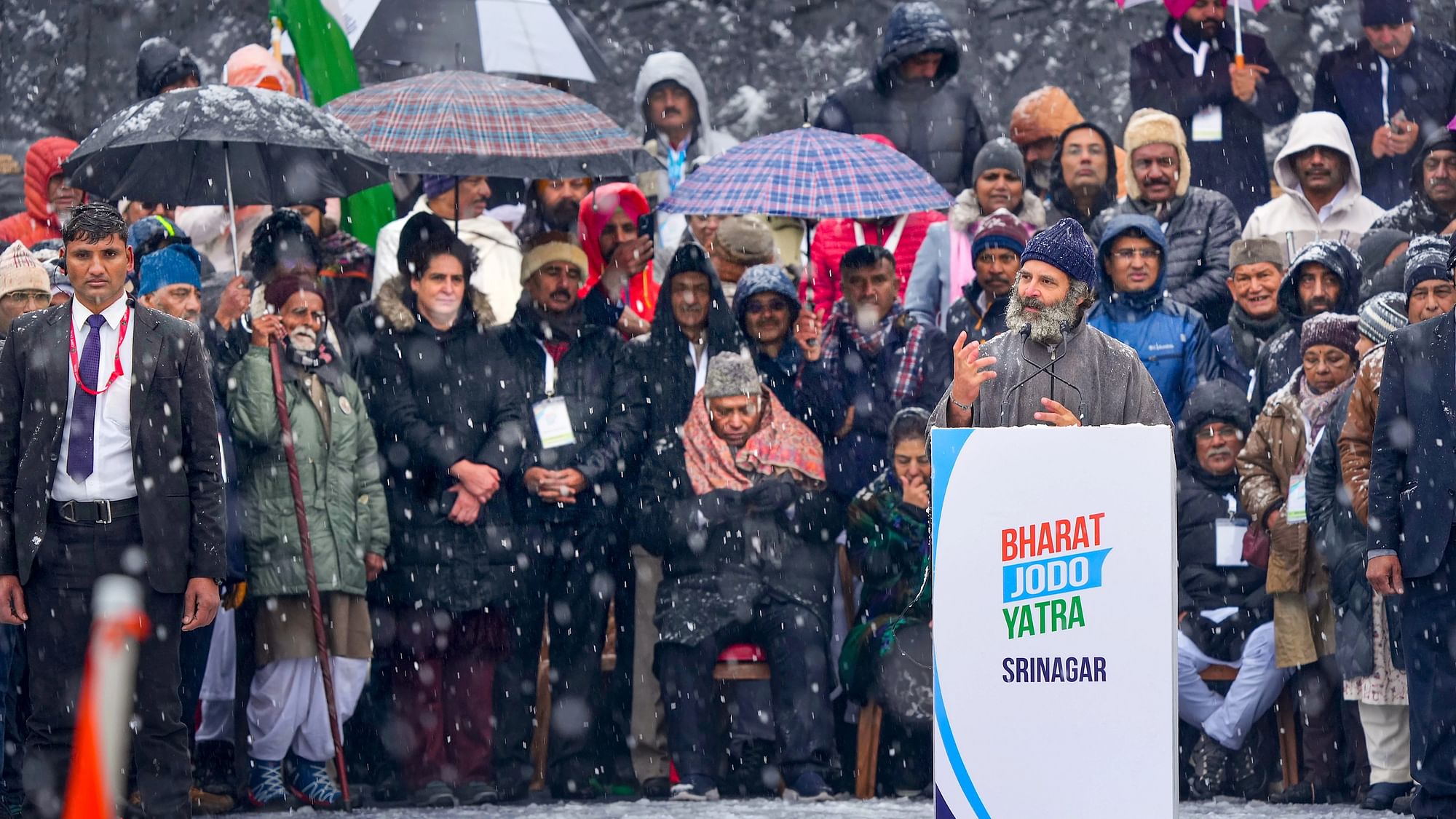 <div class="paragraphs"><p>Rahul Gandhi speaking at the Bharat Jodo Yatra concluding ceremony in Srinagar.&nbsp;</p></div>