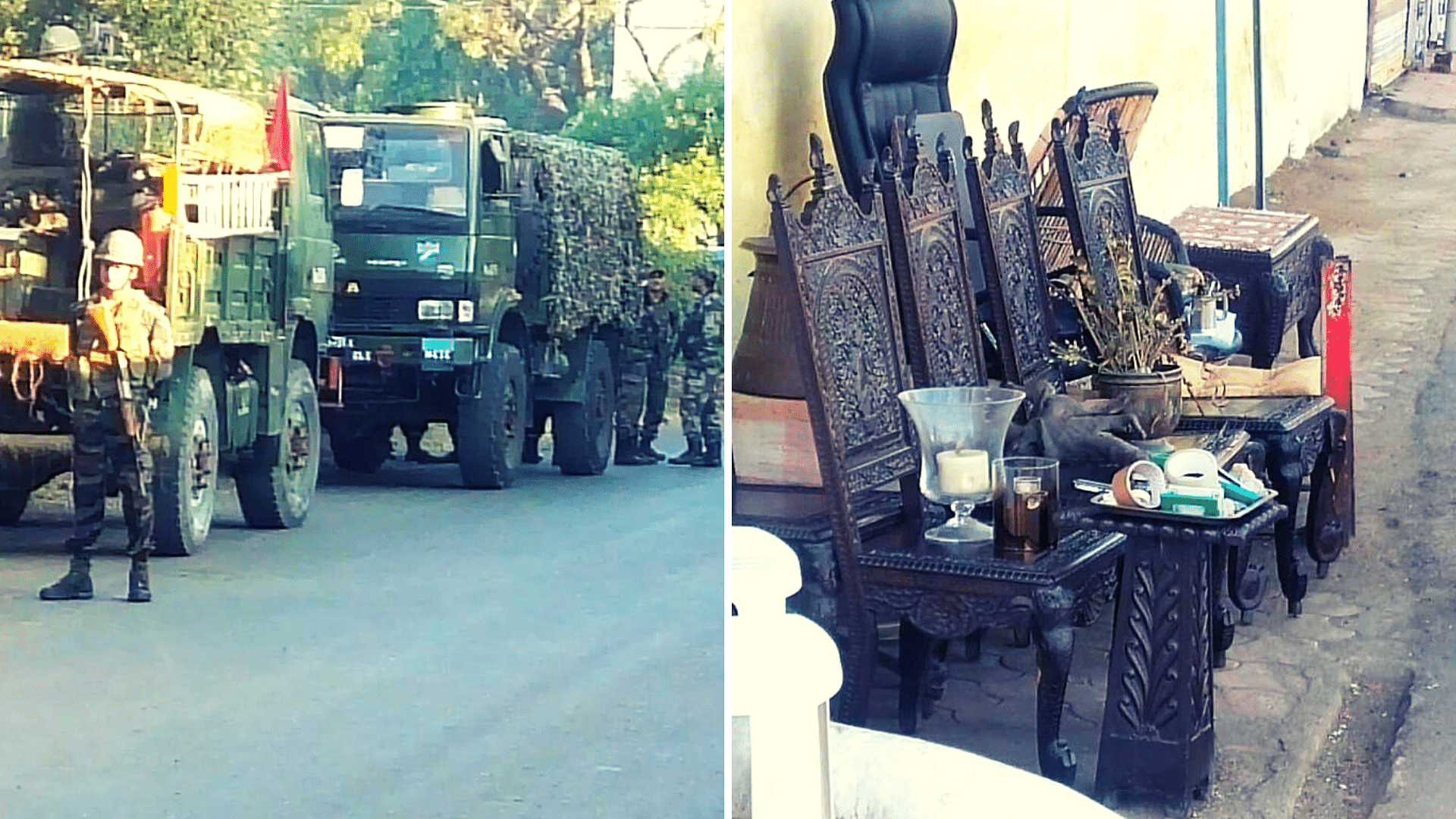 <div class="paragraphs"><p>Left: Armed security forces who showed up for the eviction.</p><p> Right: Aruna Rodrigues' belongings out on the street.</p></div>