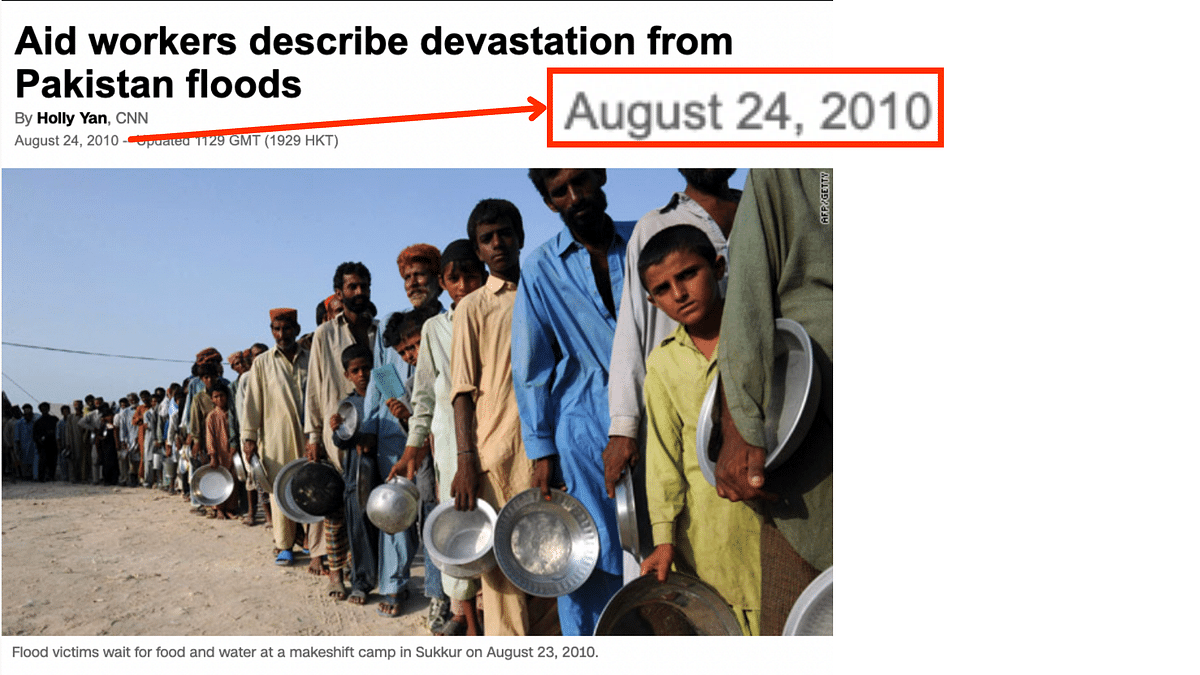 The photo dates back to August 2010 and shows flood victims queueing up for food outside a relief camp in Pakistan.