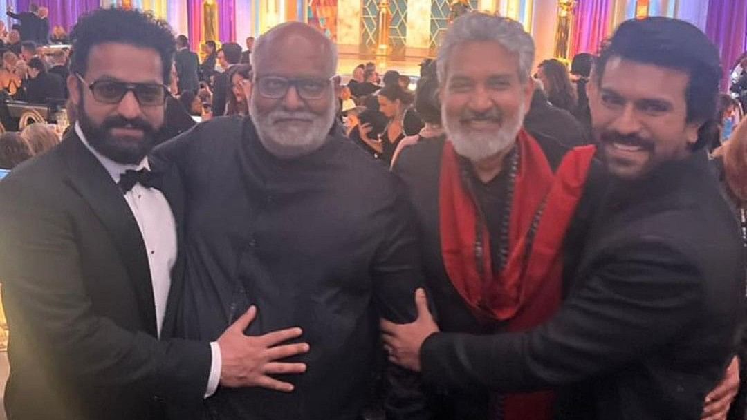 <div class="paragraphs"><p>NTR Jr, MM Keeravani, SS Rajamouli, and Ram Charan at the 80th Golden Globes Award ceremony.</p></div>