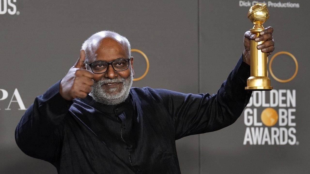 <div class="paragraphs"><p>M.M. Keeravani poses in the press room with the award for best original song, motion picture for "Naatu Naatu" from "RRR" at the 80th annual Golden Globe Awards at the Beverly Hilton Hotel.&nbsp;</p></div>
