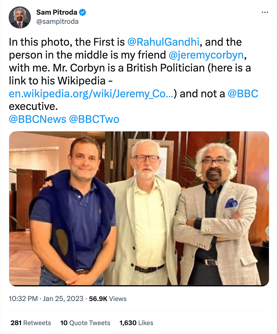 The photo shows Rahul Gandhi with UK MP Jeremy Corbyn and IOC Chairperson Sam Pitroda.