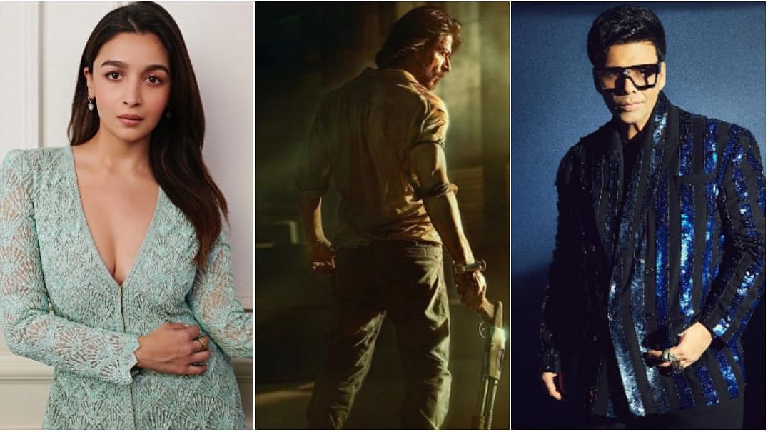 <div class="paragraphs"><p>Alia Bhatt and Karan Johar cheer for Shah Rukh Khan's<em> Pathaan</em> release.</p></div>