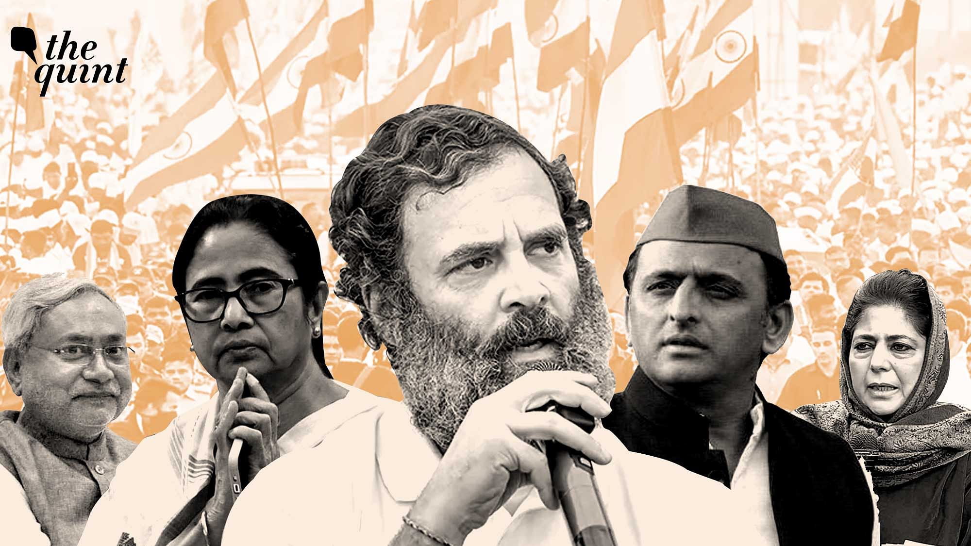 <div class="paragraphs"><p>Congress' Rahul Gandhi (centre), SP's Akhilesh Yadav (right), PDP'S Mehbooba Mufti (far right), TMC's Mamata Banerjee (left) and JDU's Nitish Kumar (far left).&nbsp;</p></div>