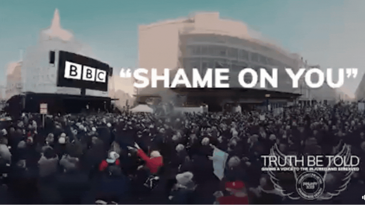 The video shows a protest by a group called 'Truth be Told London' about vaccines for COVID-19 in London, England.