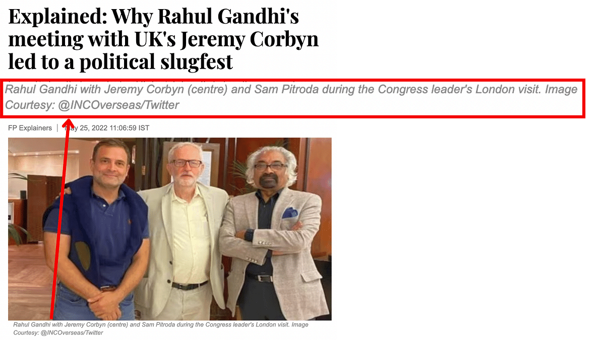 The photo shows Rahul Gandhi with UK MP Jeremy Corbyn and IOC Chairperson Sam Pitroda.