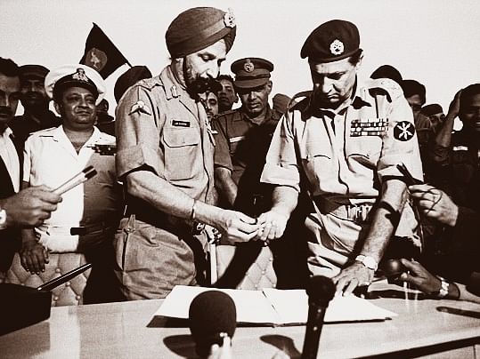 <div class="paragraphs"><p>93,000 Pakistani soldiers led by Lt Gen AAK Niazi laid down arms before India’s Lt Gen JS Aurora in Dhaka – the largest surrender since World War II.</p></div>