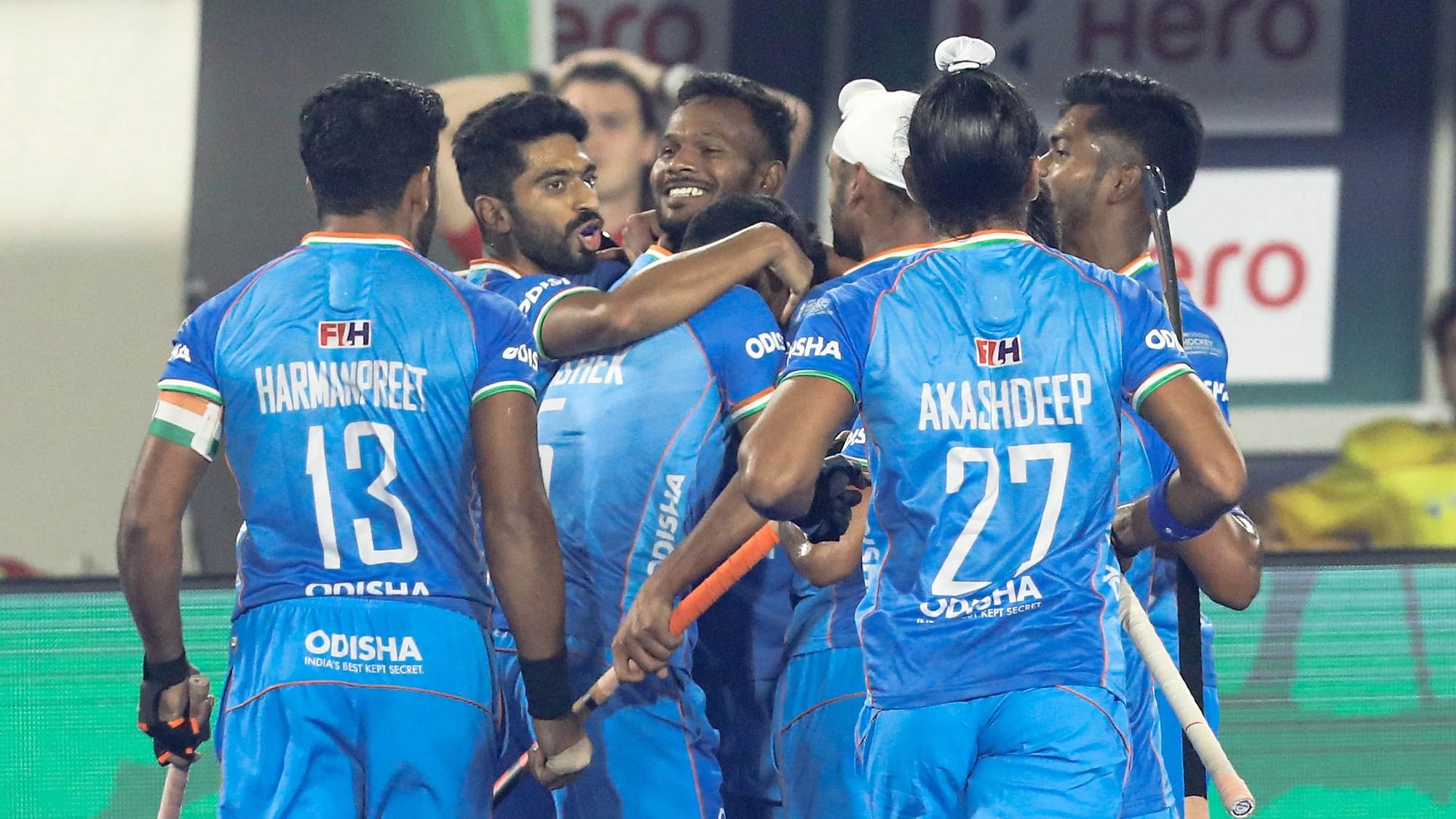 <div class="paragraphs"><p>Indian team celebrate a goal against Spain in the 2023 Hockey World Cup.</p></div>