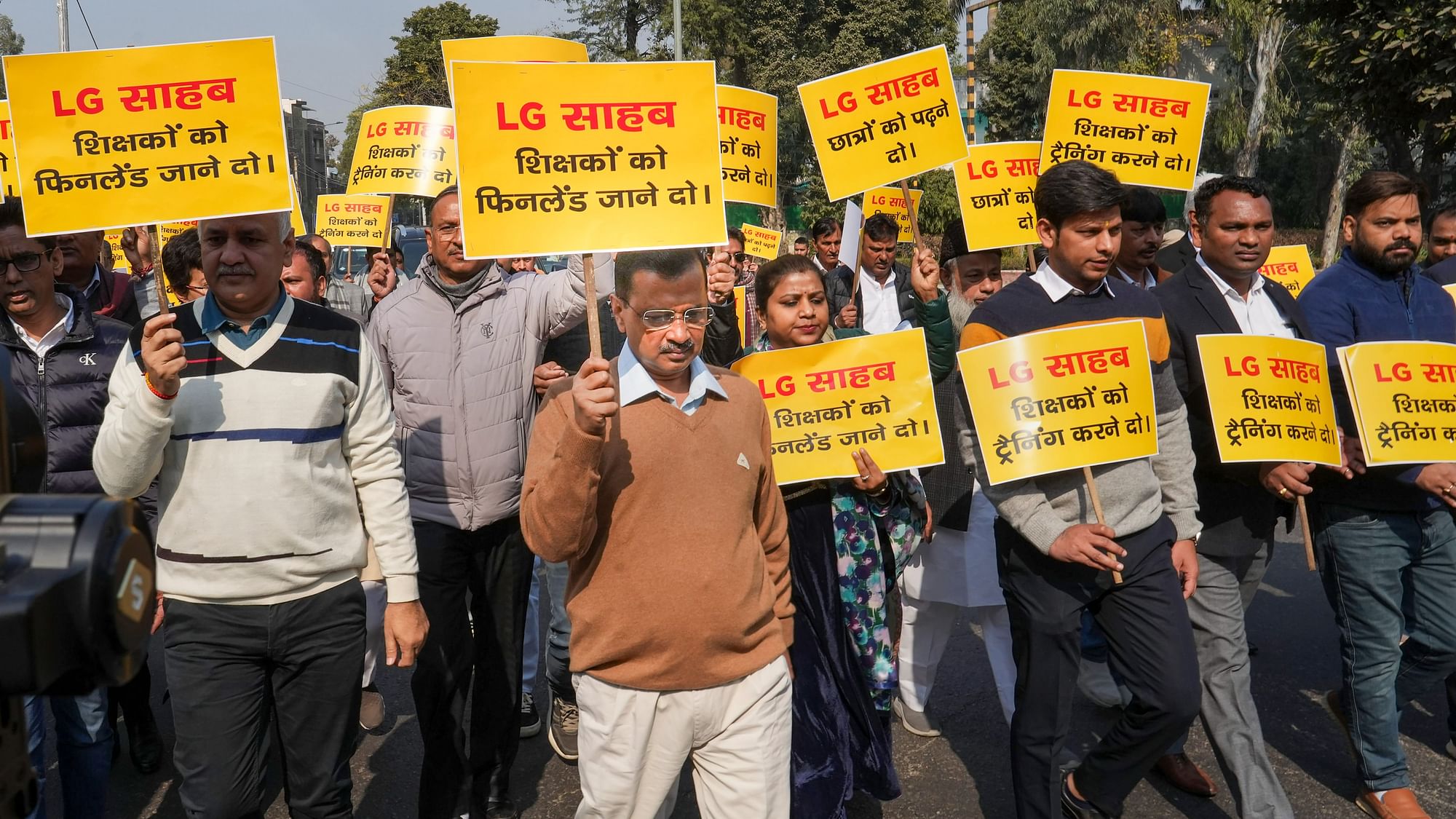 <div class="paragraphs"><p>Delhi Chief Minister Arvind Kejriwal with AAP MLAs during a protest march towards Delhi Lieutenant Governor VK Saxena's office, in New Delhi on 16 January.&nbsp;</p></div>