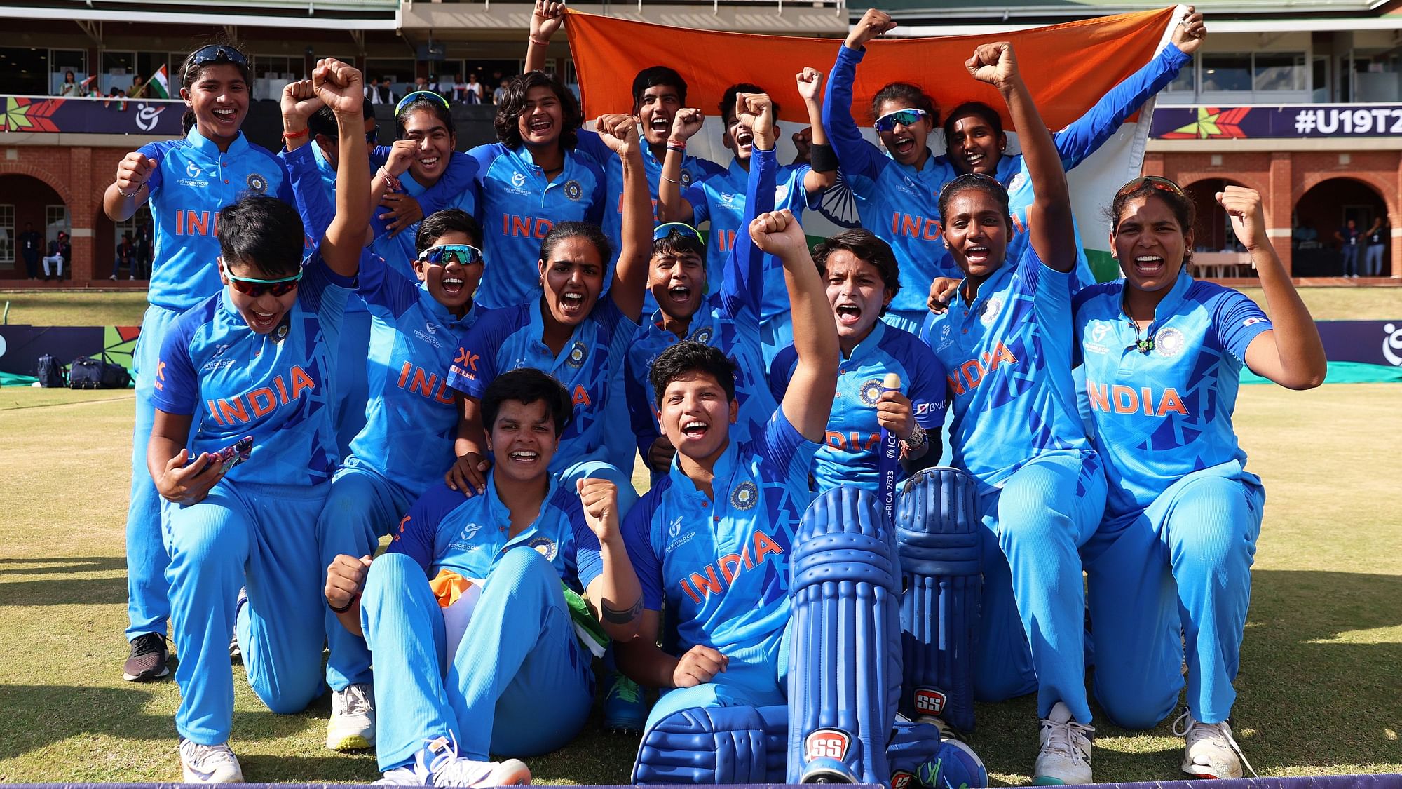 <div class="paragraphs"><p>Players of India celebrate after winning the ICC Women's U19 T20 World Cup following the ICC Women's U19 T20 World Cup 2023 Final match between India and England at JB Marks Oval on January 29, 2023 in Potchefstroom, South Africa</p></div>