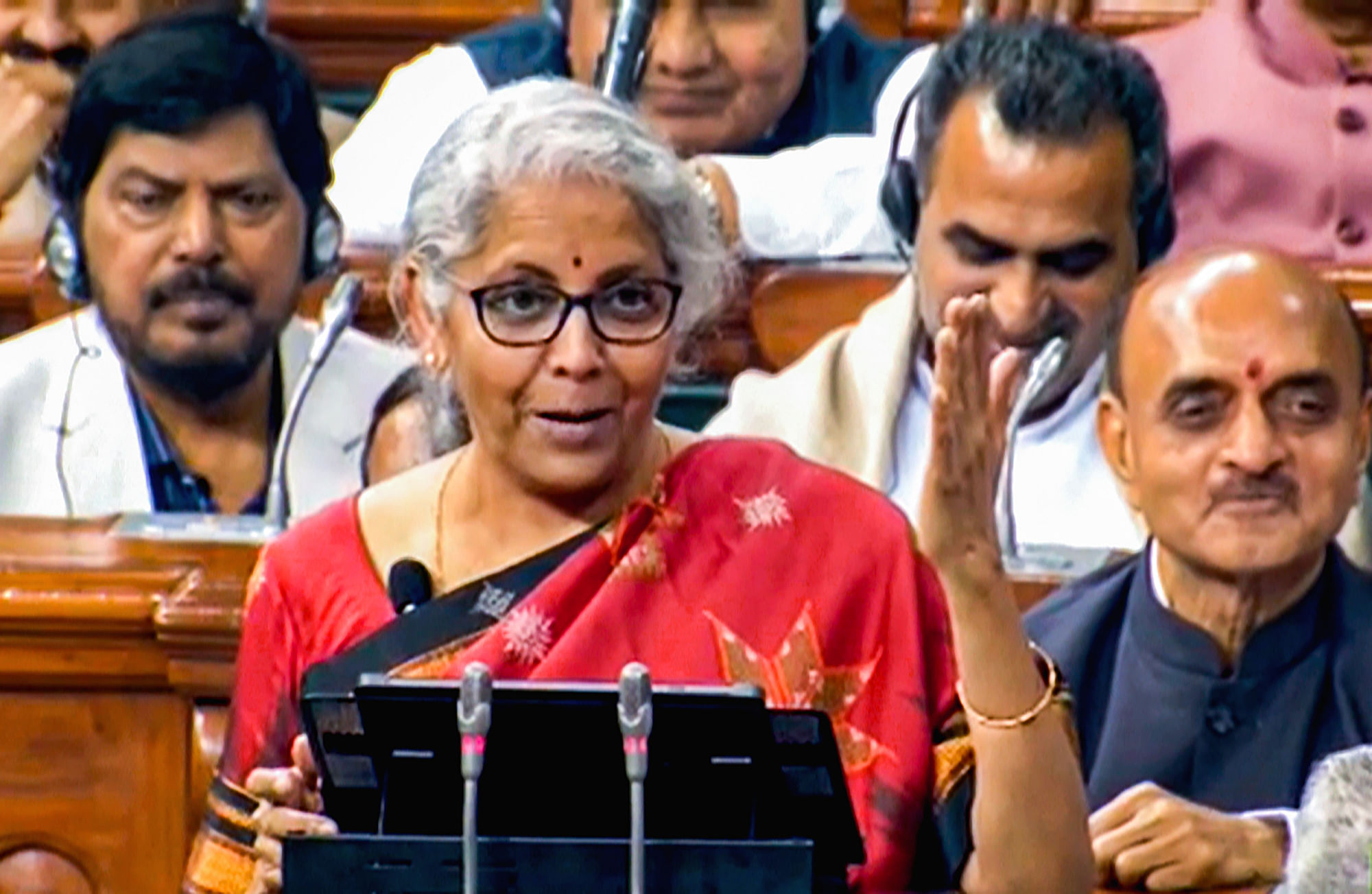 <div class="paragraphs"><p> Union Finance Minister Nirmala Sitharaman presents the Union Budget 2023-24 in the Lok Sabha, in New Delhi, Wednesday, 1 February 2023.</p></div>