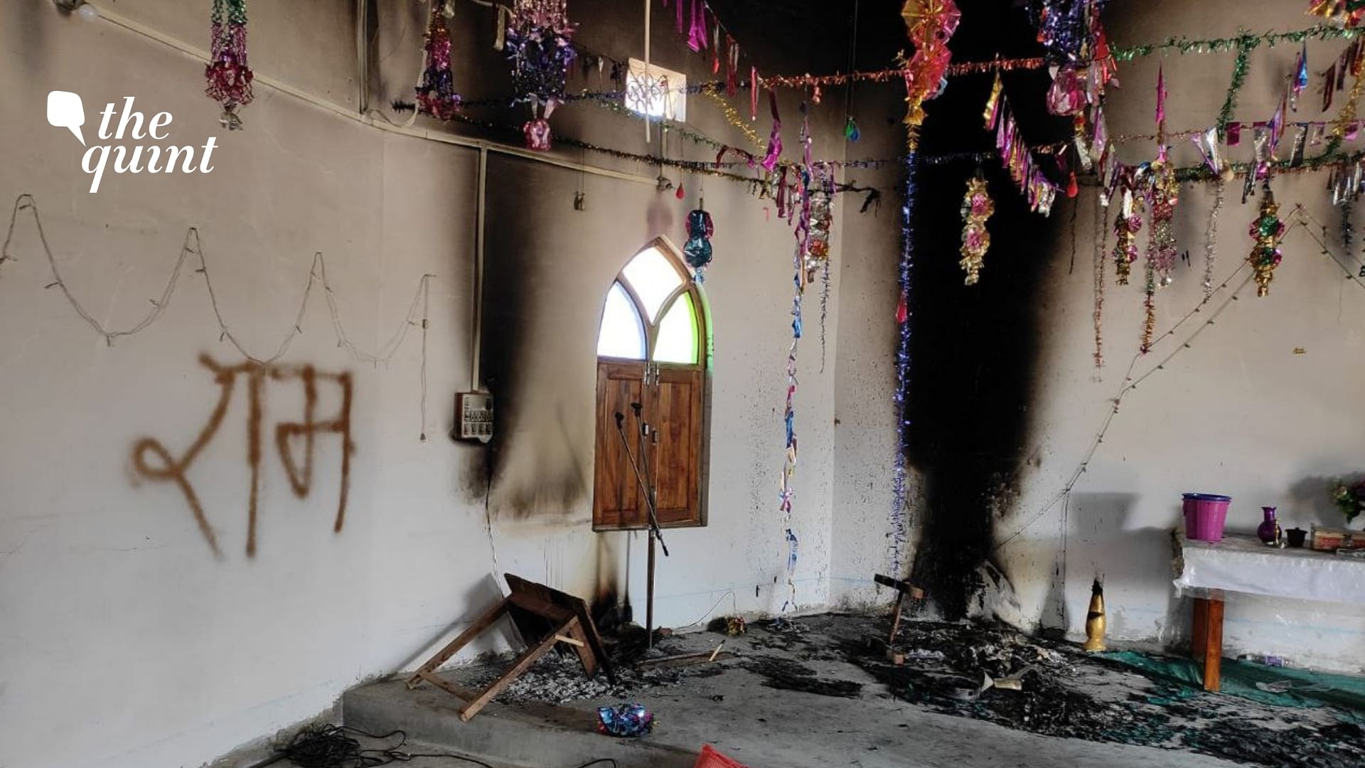<div class="paragraphs"><p>Unidentified people defiled a church, burnt down religious texts, and fled after writing 'Ram' on the interior wall of the church.</p></div>